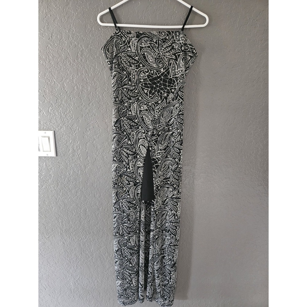 Vtg 90s Black White Paisley Mesh Overlay Maxi Dress High Slit 2-in-1 Party Y2K M